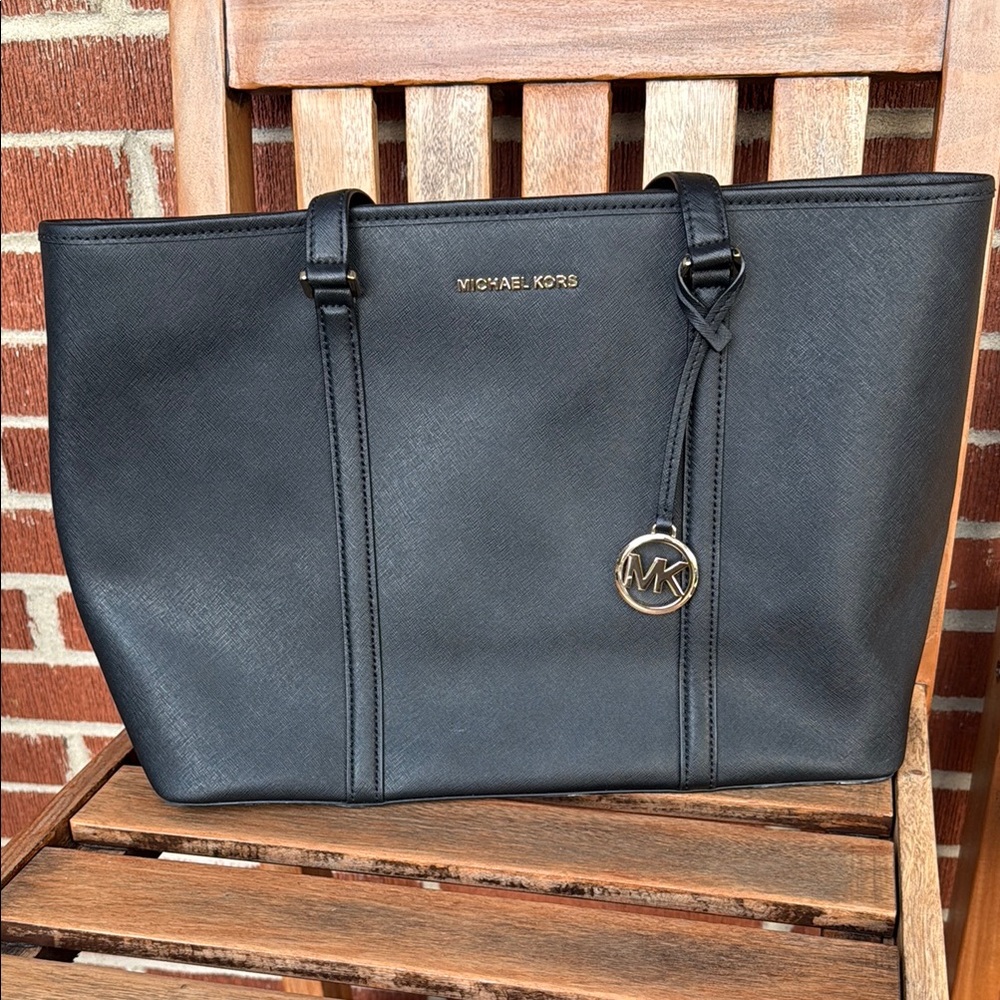 Michael Kors Black Saffiano Leather Tote with Gold Charm